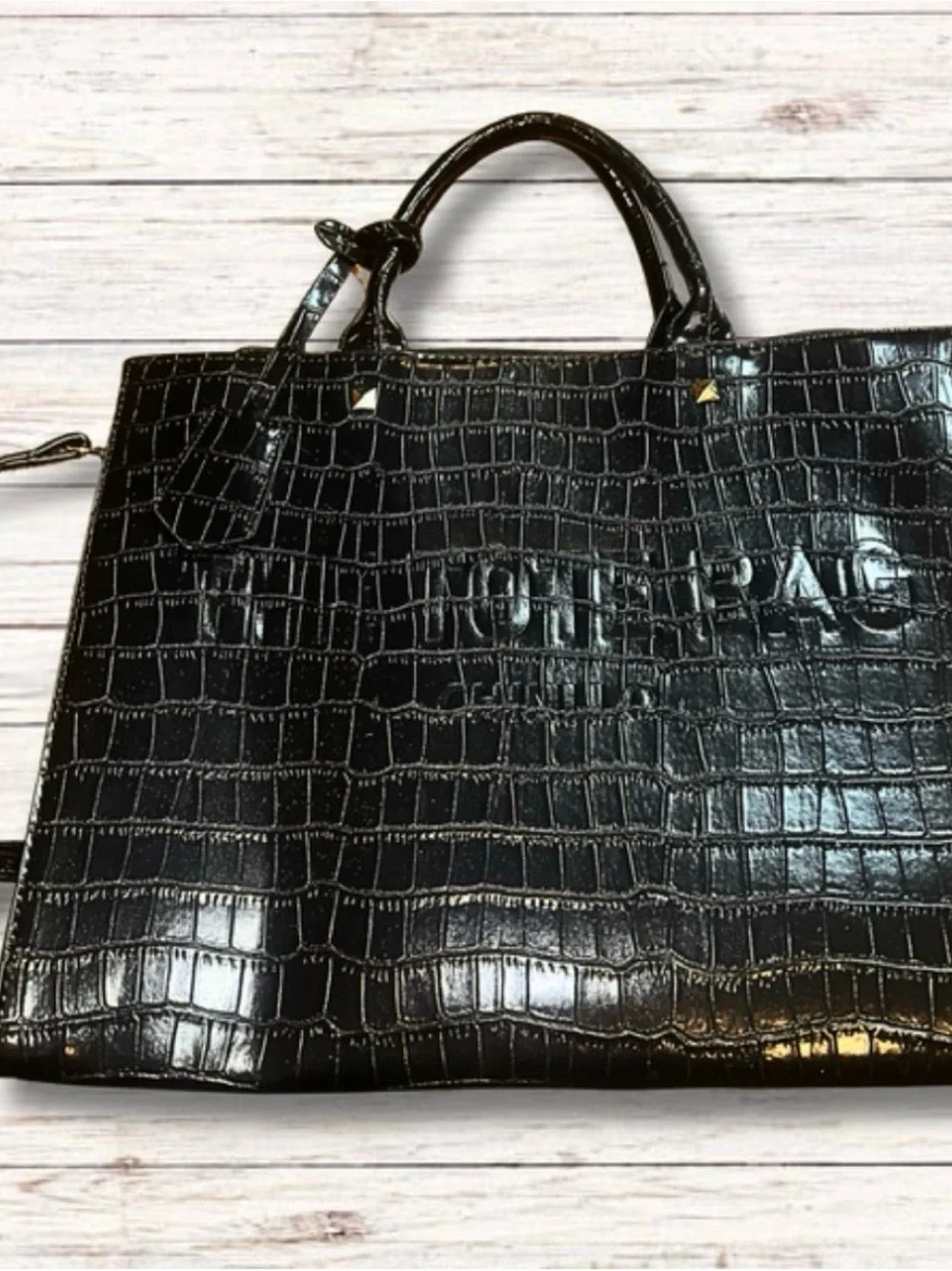Black Croc-Embossed Top Handle Satchel Purse